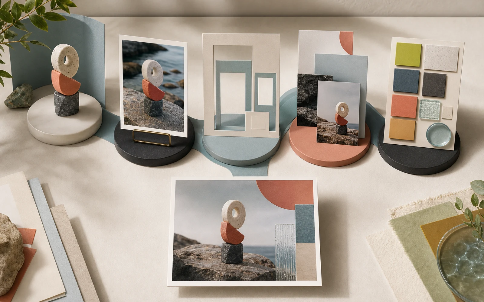 Coastal creative desk with layered transparent image frames and material samples