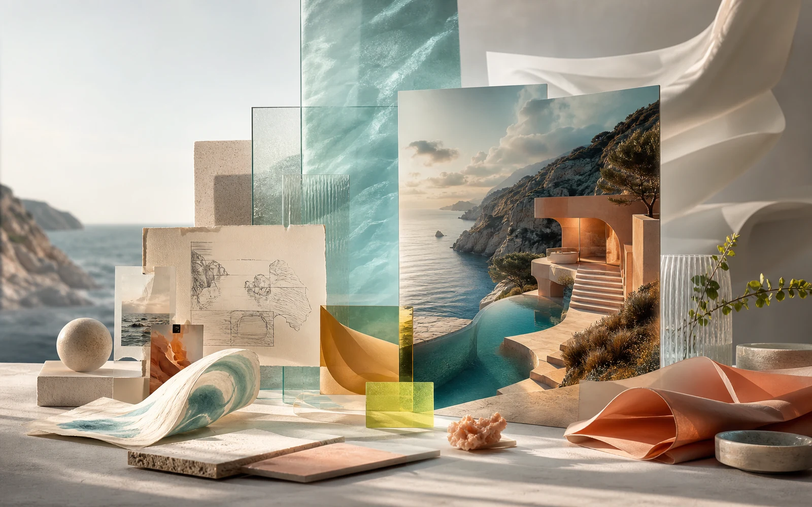 Layered ocean glass forms arranged as a luminous creative image concept