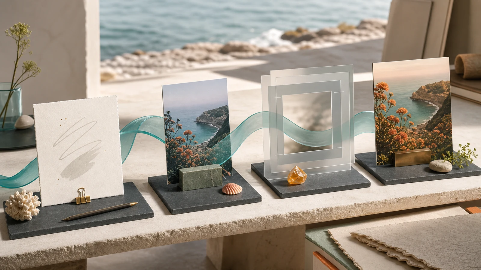 Four-stage visual workflow shown through evolving ocean glass compositions